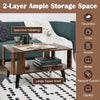 Compact retro mid-century coffee table in rustic brown with spacious tabletop and large open shelf for versatile.