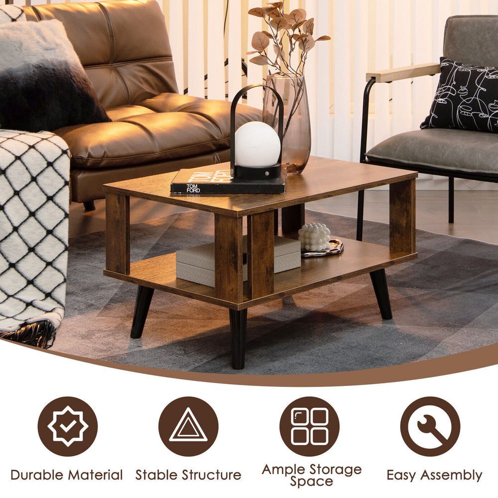 Compact retro mid-century coffee table in rustic brown with open shelf for ample storage, ideal for living rooms.