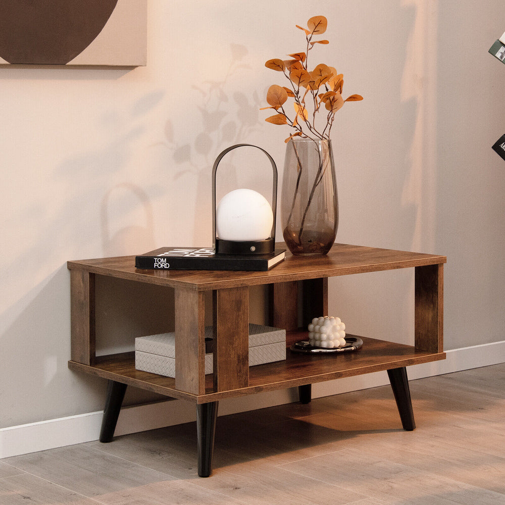 Compact retro mid-century coffee table in rustic brown featuring a smooth surface and sleek design, perfect for stylish.