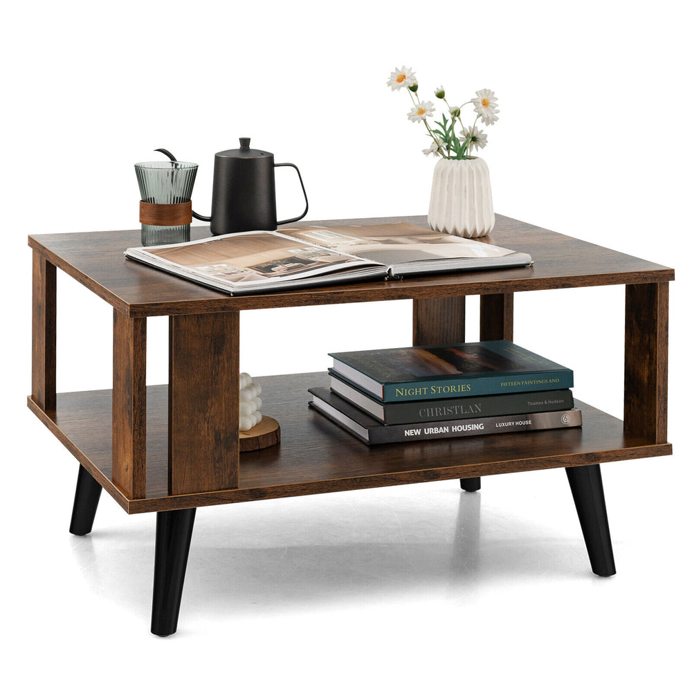 Compact retro mid-century coffee table in rustic brown with open shelf for storage, ideal for living rooms or bedrooms.