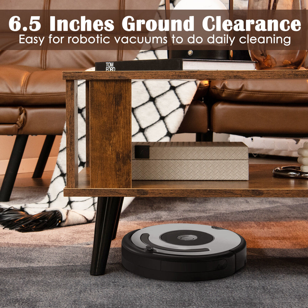 Compact retro mid-century coffee table in rustic brown with open shelf, ideal for living rooms and easy cleaning.