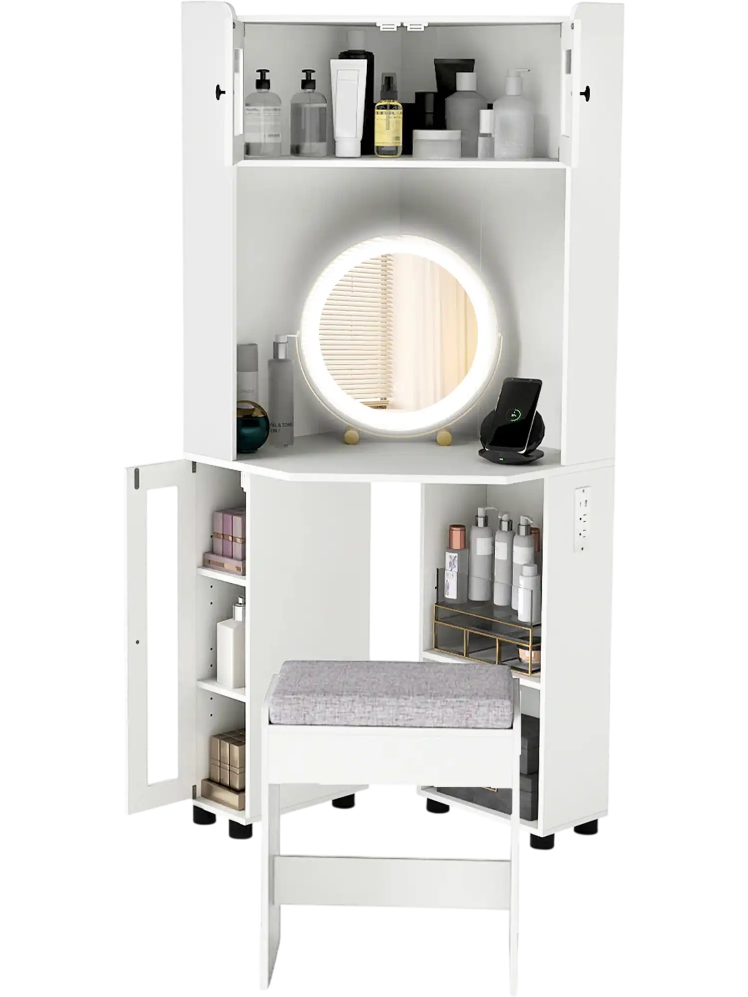 Costway Corner Vanity Desk with Mirror Lights 73359519 New
