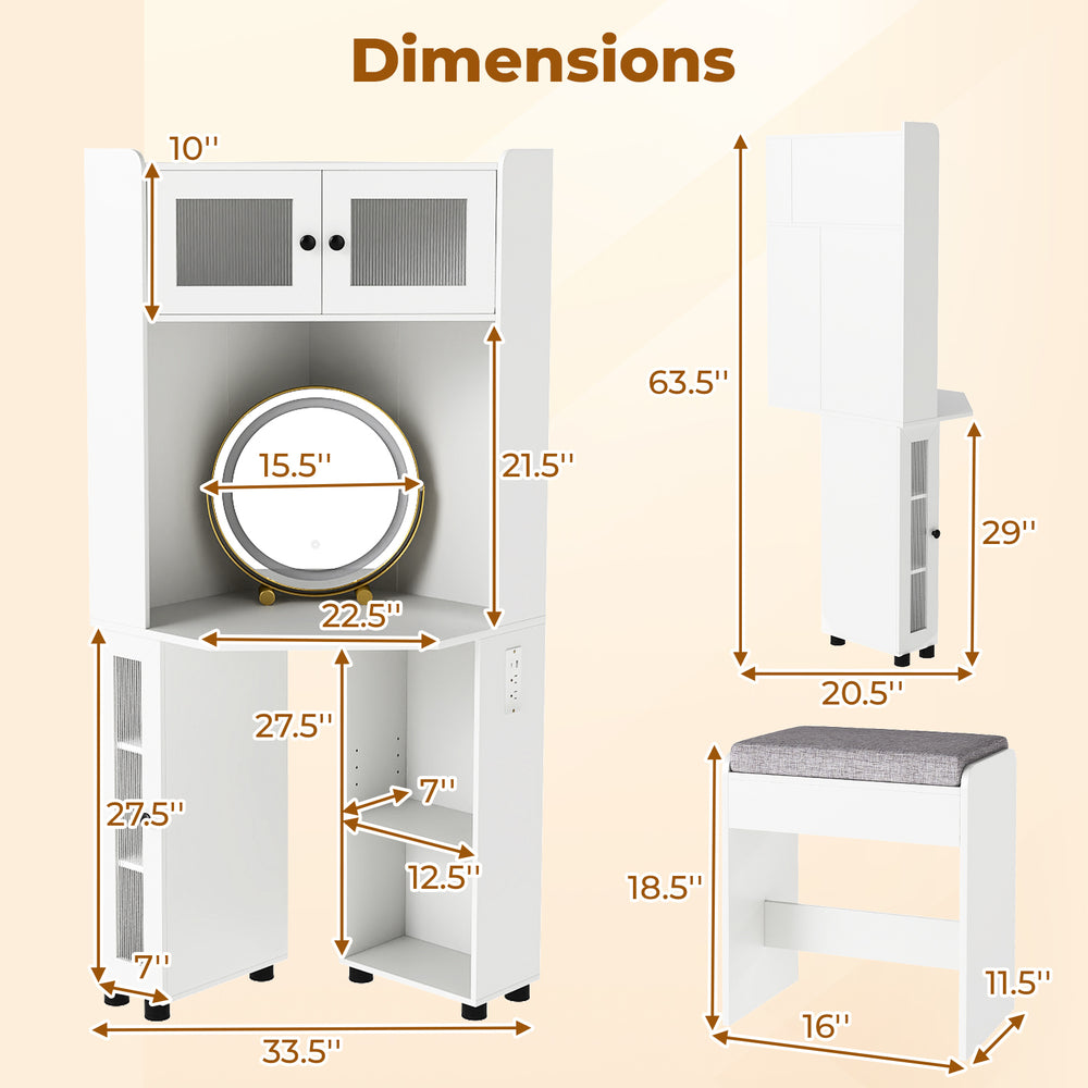 Compact dressing corner vanity desk with dimensions, featuring a rotating mirror, storage cabinets, and cushioned stool.