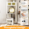 Compact dressing corner vanity desk in white with a 360° mirror, lights, and cushioned stool for stylish storage.