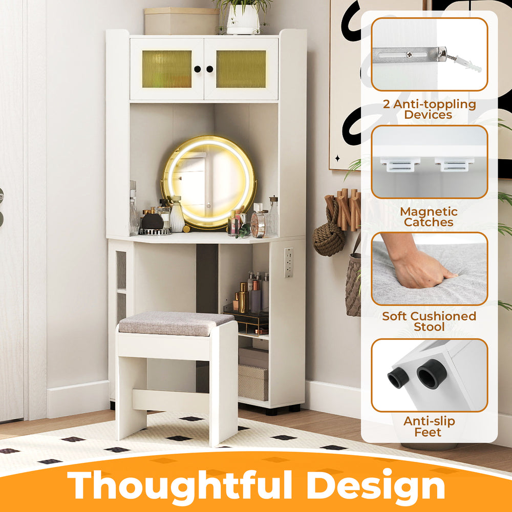 Compact dressing corner vanity desk in white with a 360° mirror, lights, and cushioned stool for stylish storage.
