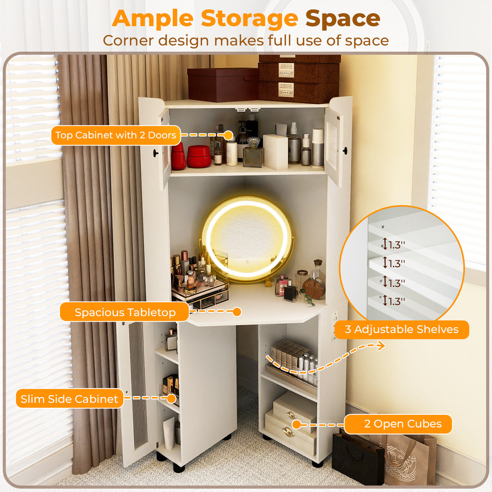 Compact dressing corner vanity desk in white with 360° rotating mirror, adjustable shelves, and ample storage space.