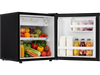 Compact mini fridge in black showcasing organized fruits, vegetables, and drinks with adjustable thermostat for optimal.