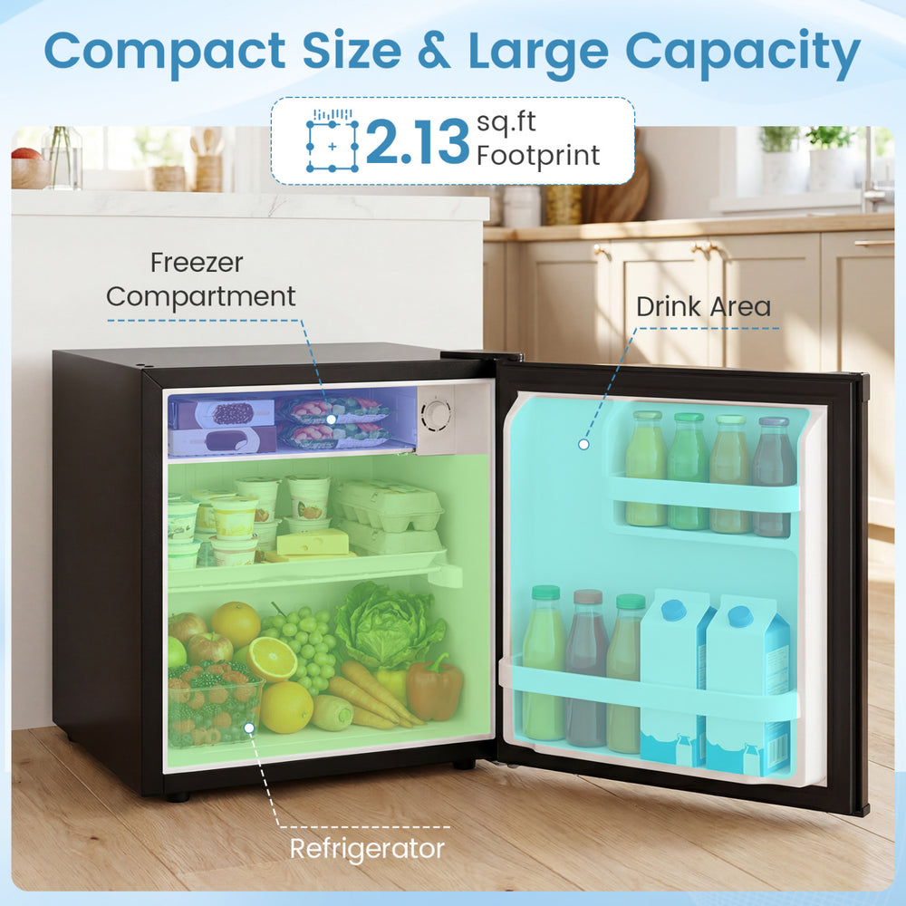 Compact mini fridge with adjustable thermostat, featuring dedicated freezer and drink areas, ideal for small spaces.