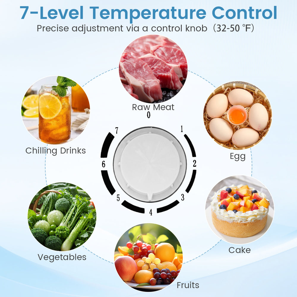 7-level temperature control knob on the compact mini fridge for precise adjustments of food preservation and chilling.