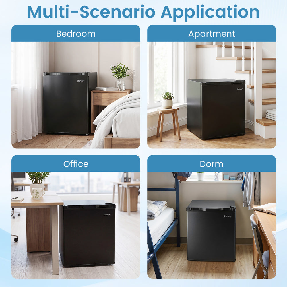Compact mini fridge in black with adjustable thermostat, ideal for bedroom, office, or dorm use, featuring a dedicated.