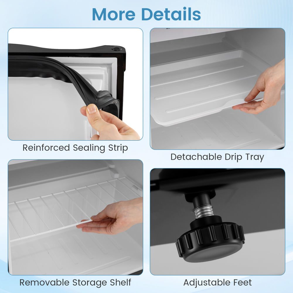 Reinforced sealing strip and detachable drip tray of the compact mini fridge with adjustable thermostat for easy.