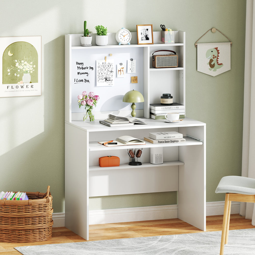 Compact white office computer desk with hutch, featuring a magnetic whiteboard and adjustable shelf for organized.