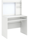 Compact white office computer desk with hutch, pull-out keyboard tray, and adjustable shelf for organized workspace.