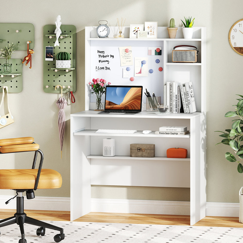 Compact office computer desk with hutch, featuring a whiteboard, adjustable shelf, and pull-out keyboard tray for.