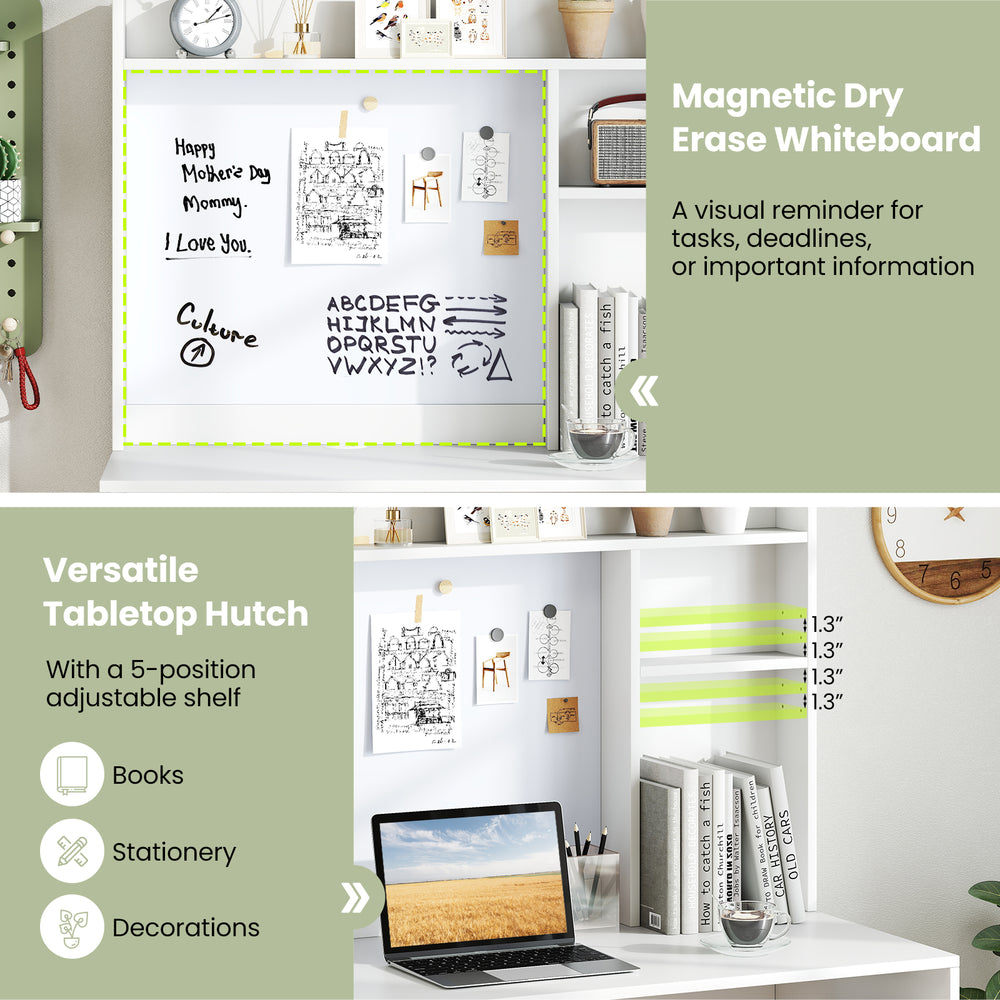 Compact office desk with hutch and magnetic whiteboard, featuring adjustable shelf for books and decorations.