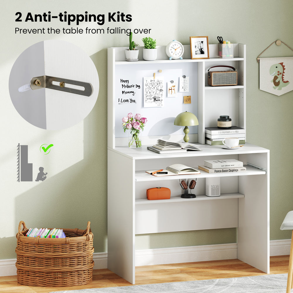 Compact white office computer desk with hutch, featuring a whiteboard and anti-tipping kits for stability.