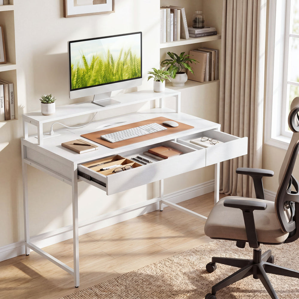 Compact Office Desk with Removable Monitor Shelf and Dual-use Drawer-White - Gallery View 1 of 10
