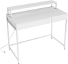 Compact office desk in white showcasing a side view with a removable monitor shelf and dual-use drawer for efficient.