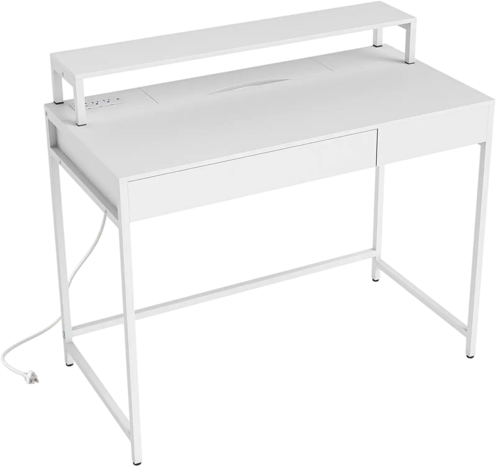 Compact office desk in white showcasing a side view with a removable monitor shelf and dual-use drawer for efficient.