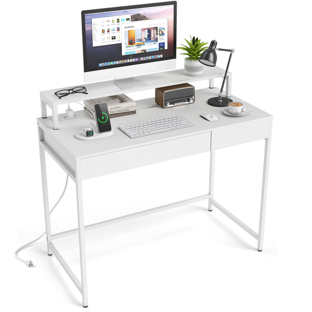 Compact white office desk with removable monitor shelf, built-in power strip, and dual-use drawer for versatile.