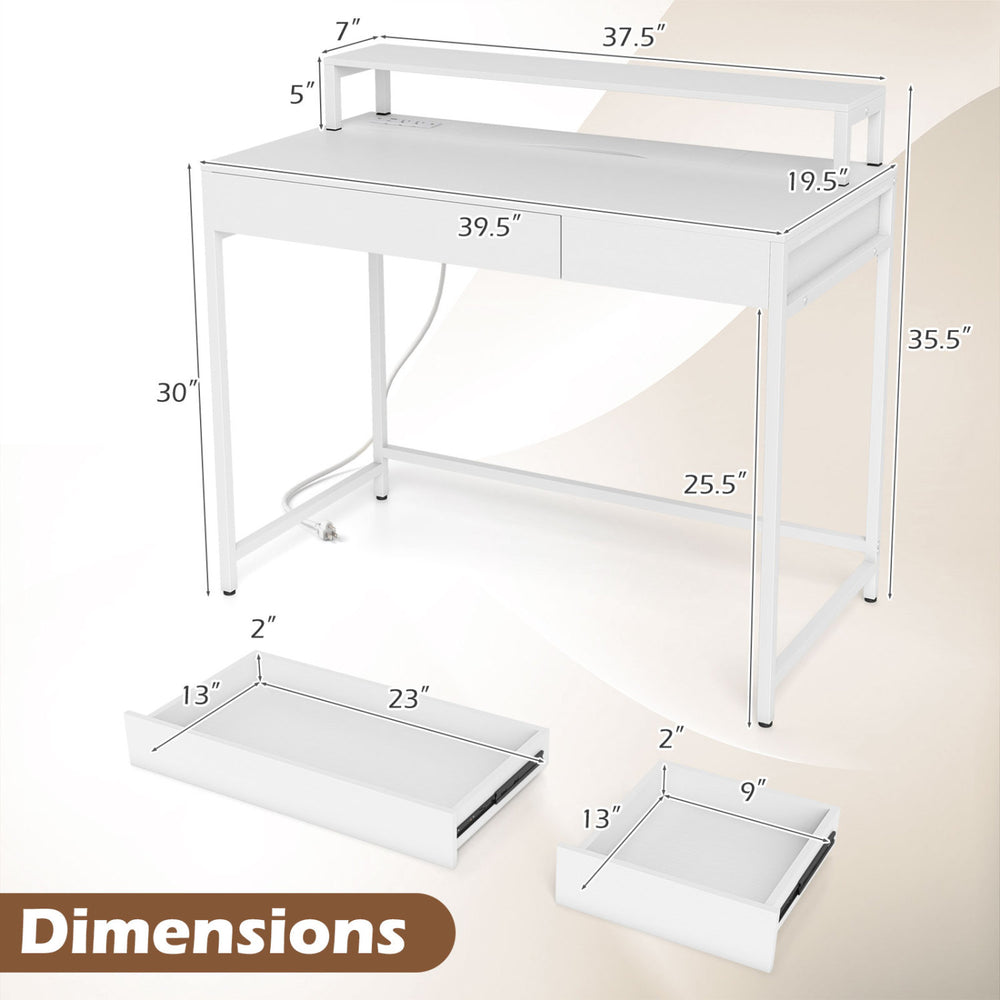 Compact office desk in white with removable monitor shelf and dual-use drawer, featuring ergonomic design and built-in.