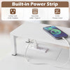 Compact office desk with built-in power strip, removable monitor shelf, and dual-use drawer for versatile functionality.