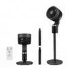 Compact oscillating standing fan with remote control, adjustable height, and lightweight design for easy portability.