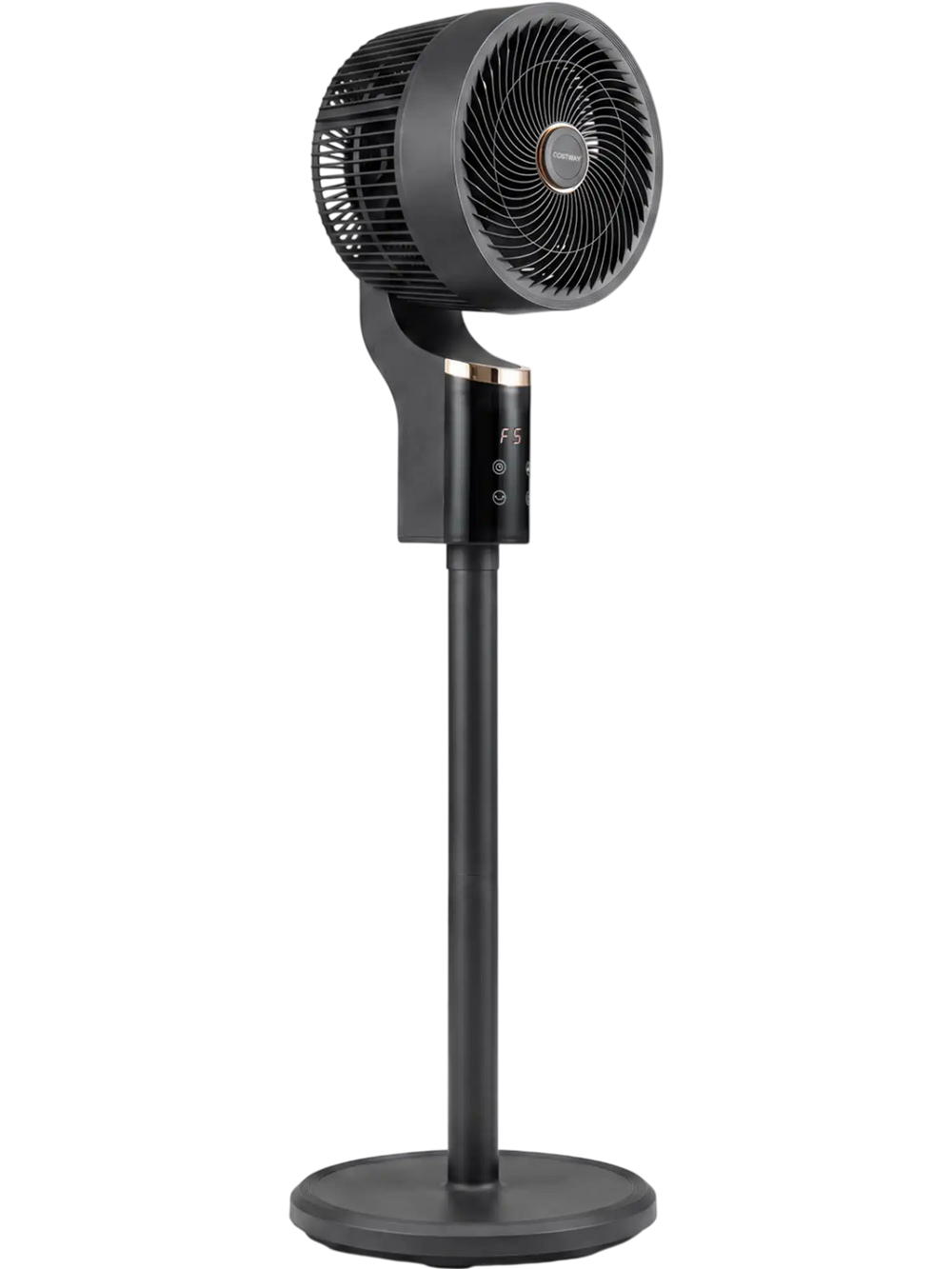 Compact oscillating standing fan in black with remote control, 70° oscillation, and 90° tilt for home office use.
