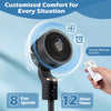 Compact oscillating standing fan in black with remote control, 8 speeds, and 70° oscillation for customized comfort.
