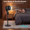Compact oscillating standing fan in black with 70° oscillation and 90° tilt, ideal for home or office use.