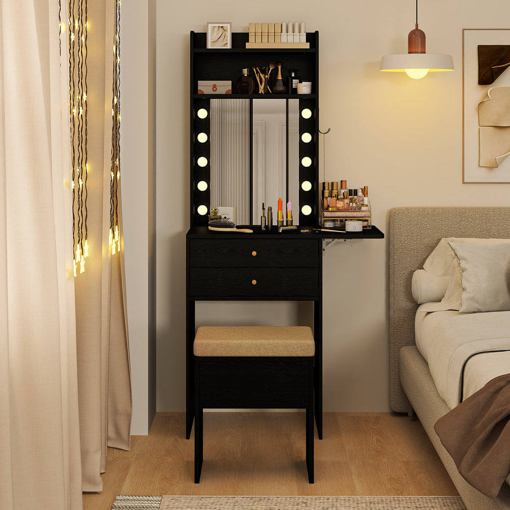 Compact black vanity desk set with a lighted mirror, storage drawers, and a soft stool, ideal for small spaces.