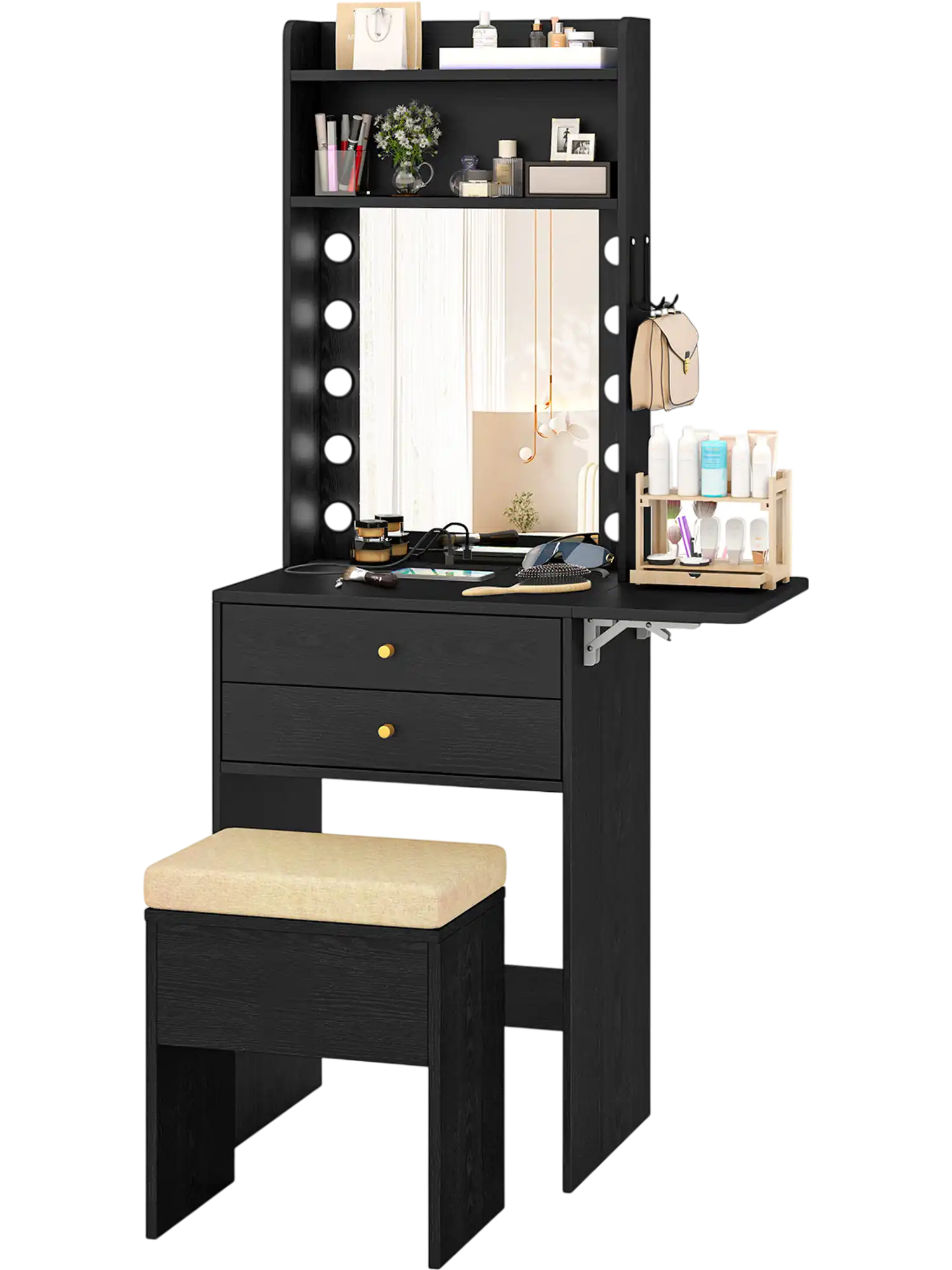 Costway Compact Vanity Desk Set 3-Color Lighted Mirror Power Outlets 75682319 New