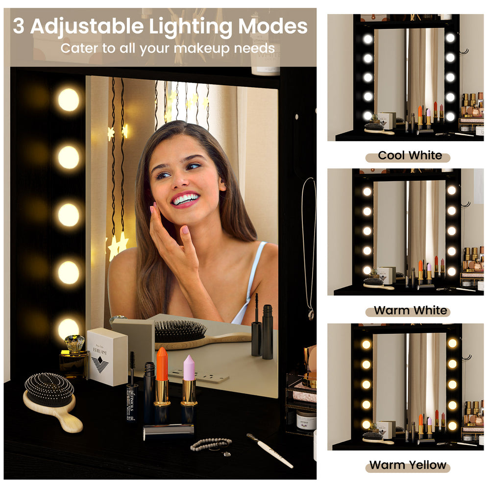 Compact vanity desk set featuring a 3-color lighted mirror, built-in power outlets, and spacious storage for makeup.