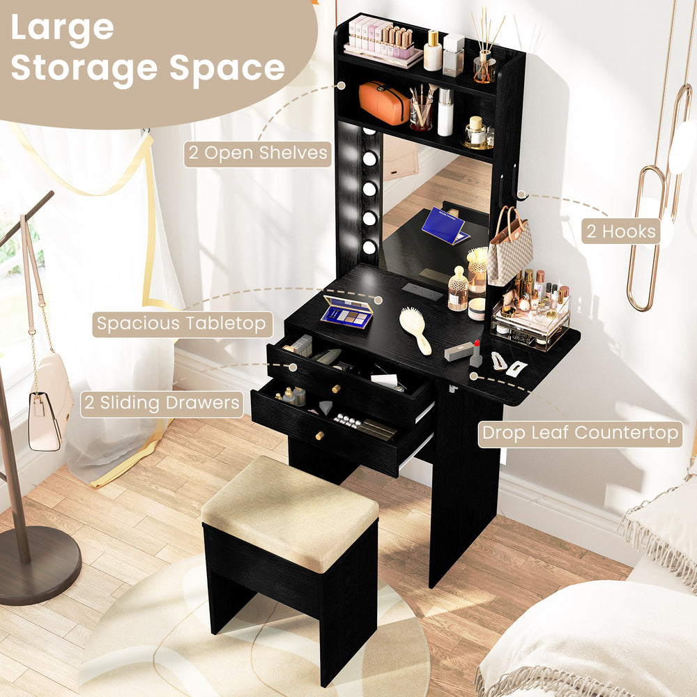 Compact black vanity desk set featuring a lighted mirror, spacious storage, and a foldable countertop for small spaces.