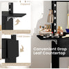 Compact black vanity desk set with foldable drop leaf countertop, 3-color lighted mirror, and built-in power outlets.