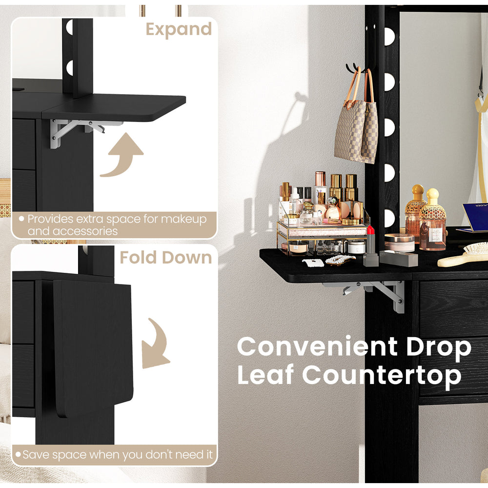 Compact black vanity desk set with foldable drop leaf countertop, 3-color lighted mirror, and built-in power outlets.