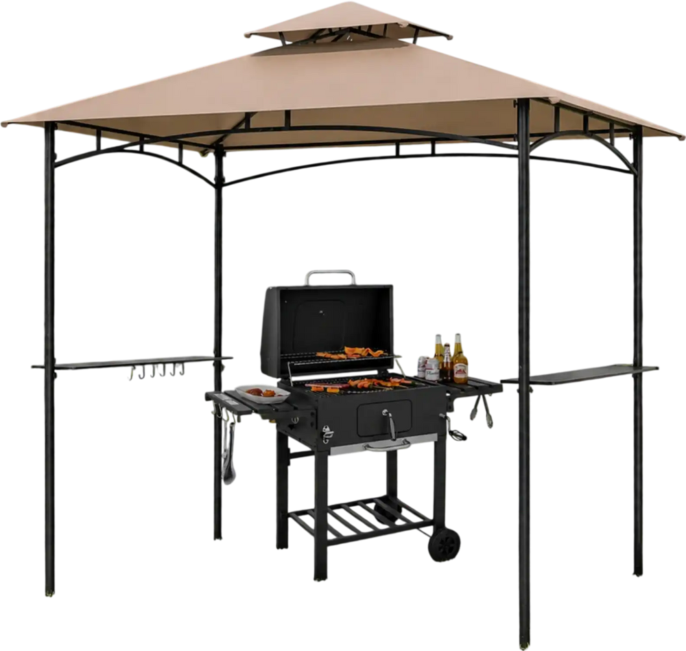 Complete BBQ station featuring an 8x5 FT waterproof grill gazebo, charcoal grill, and ample storage for outdoor cooking.