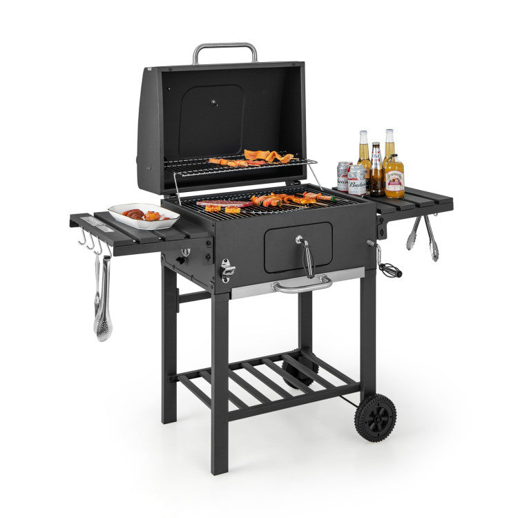 Outdoor charcoal grill with a waterproof gazebo, featuring ample storage, adjustable chimney, and easy mobility.