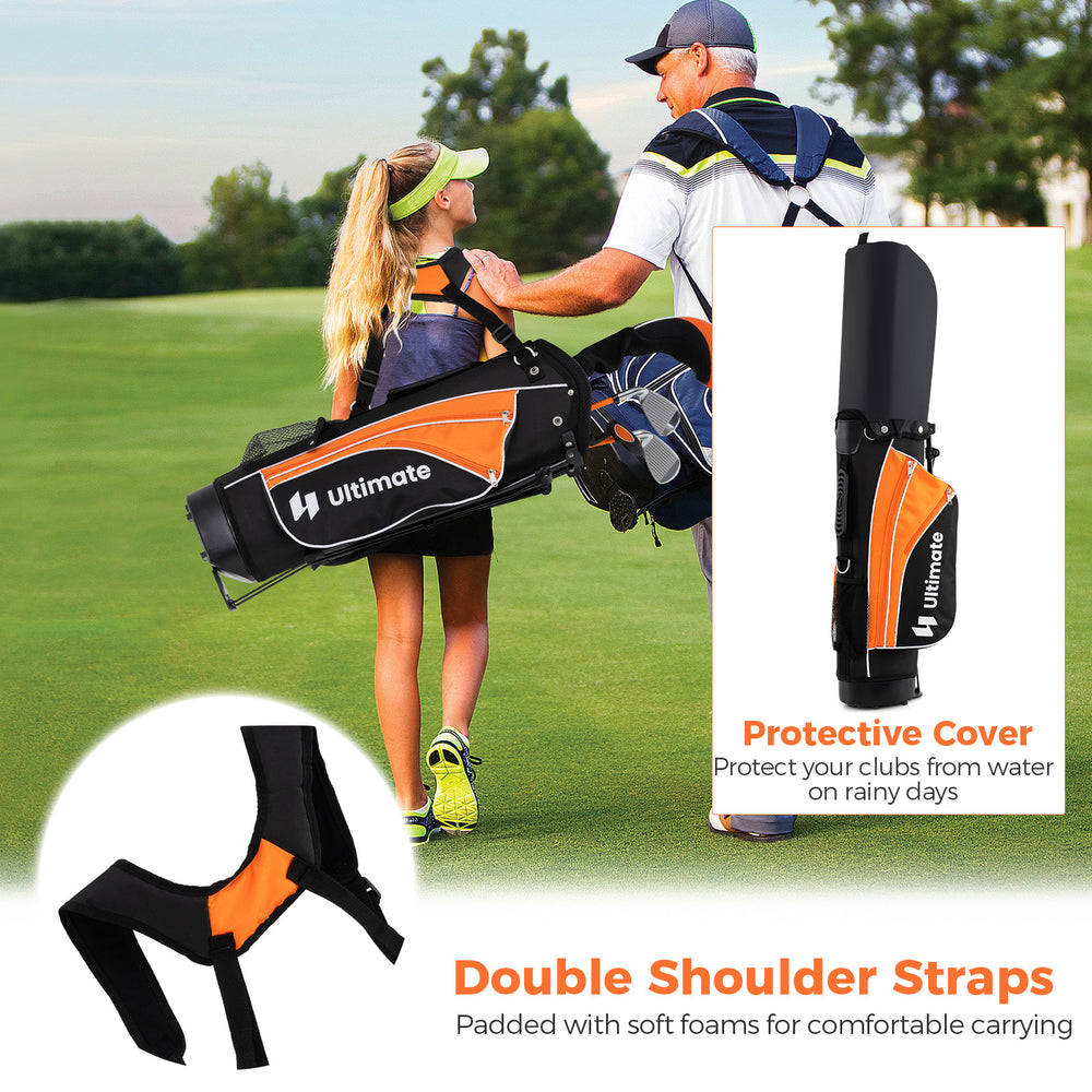 Complete golf club set for children aged 11-13 in orange, featuring a stand bag and double shoulder straps for easy.