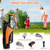 Complete golf club set for children aged 11-13, featuring fairway wood, irons, putter, and stand bag in orange.
