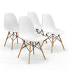 Four modern white plastic dining chairs with wooden legs, featuring ergonomic curved backs for comfort in any dining.