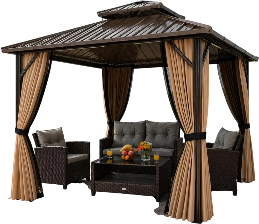 10' x 10' hardtop gazebo with a 4-piece patio conversation set, featuring all-weather cushions for outdoor relaxation.
