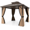 All-weather 10' x 10' hardtop gazebo with beige curtains, perfect for outdoor lounging and patio gatherings.