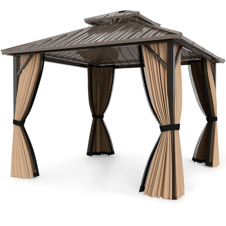 All-weather 10' x 10' hardtop gazebo with beige curtains, perfect for outdoor lounging and patio gatherings.