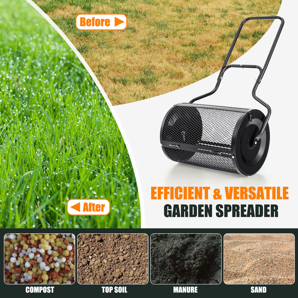 24” peat moss spreader with U-shape handle, ideal for compost, manure, and sand spreading in gardens.
