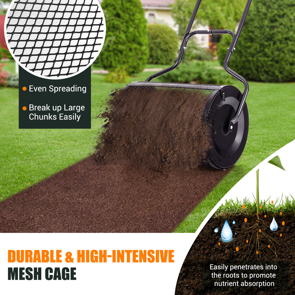 24” peat moss spreader with durable mesh cage for even spreading, featuring a U-shape handle for easy use.