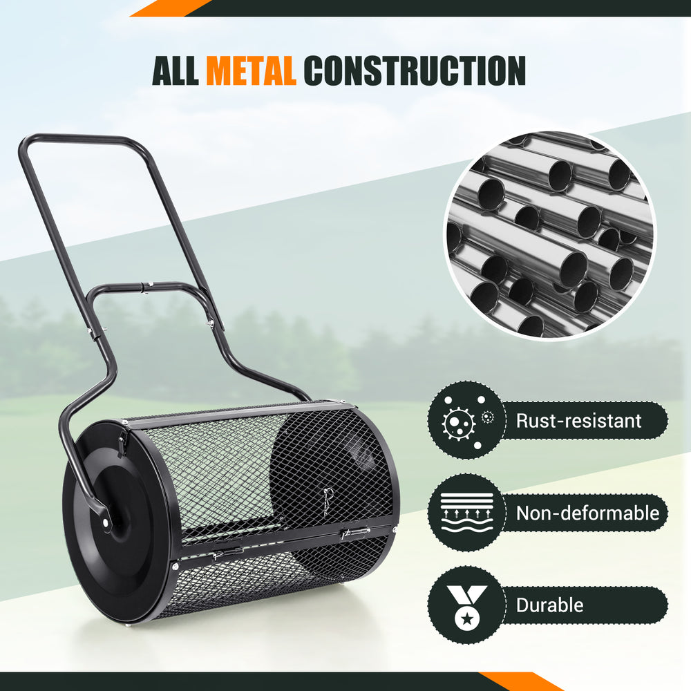 24” peat moss spreader with all metal construction, rust-resistant design, and U-shape handle for easy use.