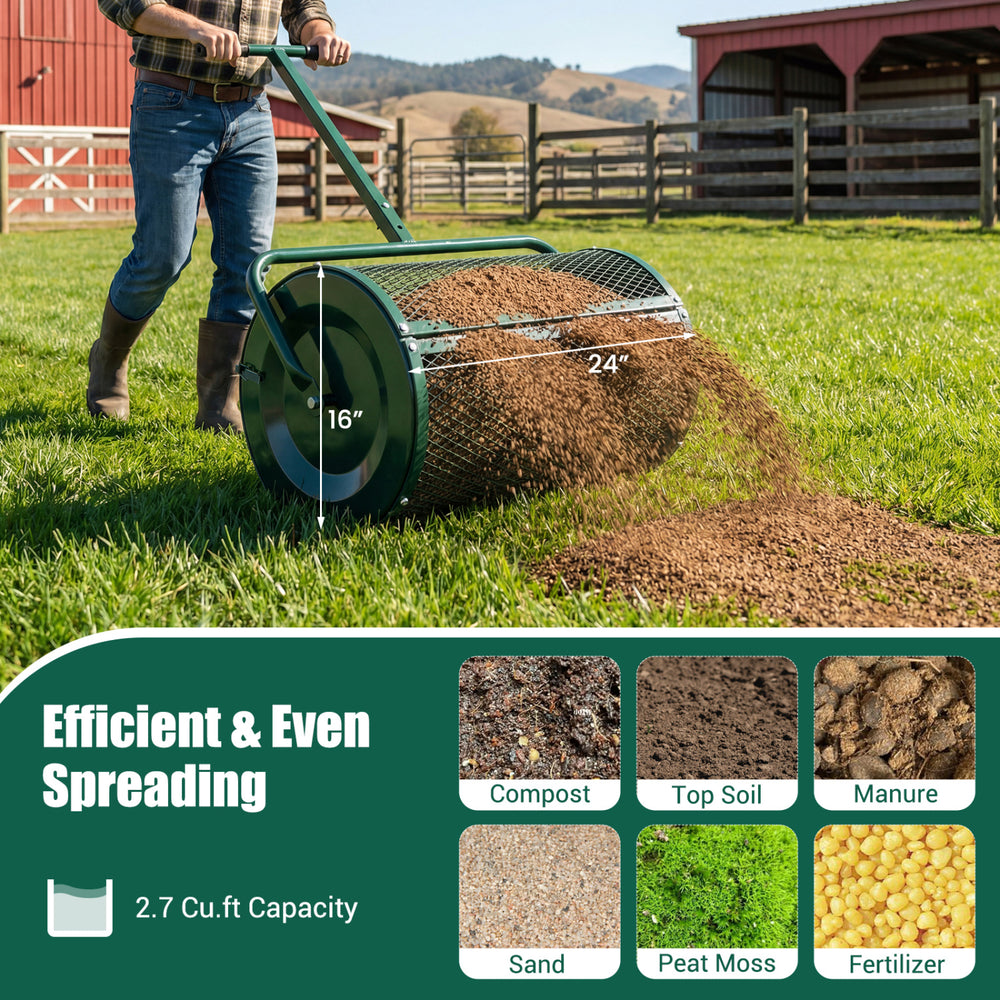 24-inch compost spreader with height-adjustable T-handle, ideal for efficient spreading of soil, sand, and fertilizer.