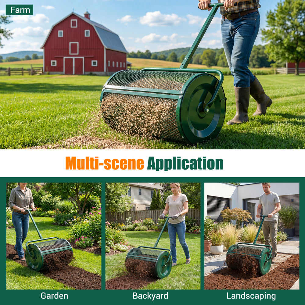 Compost spreader with height-adjustable T-handle, ideal for spreading sand, fertilizer, or soil in various outdoor.