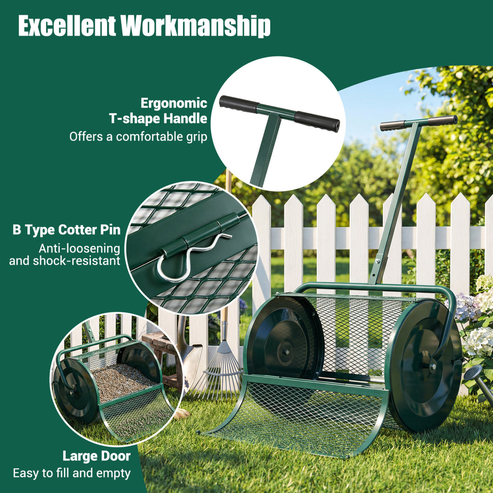 Compost spreader with 24-inch metal mesh basket, ergonomic T-handle, and large door for easy filling and emptying.